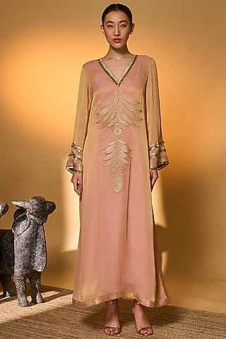 Baby Pink Tissue Silk Foil Printed & Embroidered Kaftan by Masaba