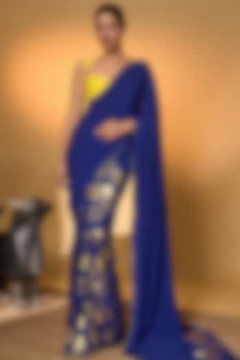 Electric Blue Crepe Silk Foil Printed Party Wear Saree Set by Masaba at Pernia's Pop Up Shop