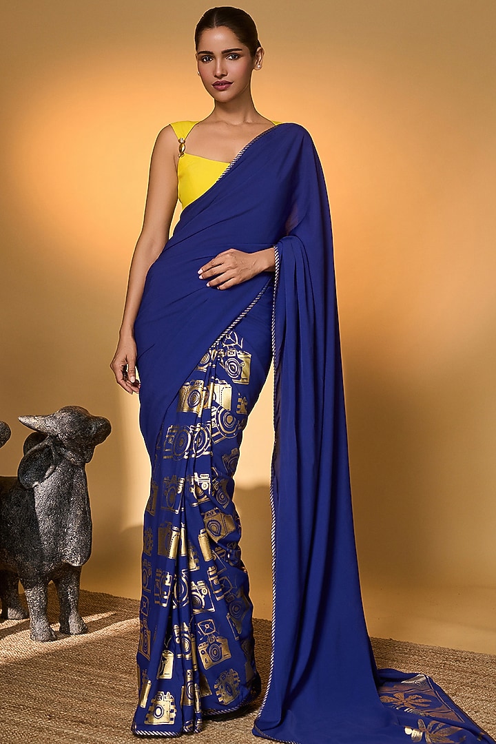 Electric Blue Crepe Silk Foil Printed Party Wear Saree Set by Masaba at Pernia's Pop Up Shop