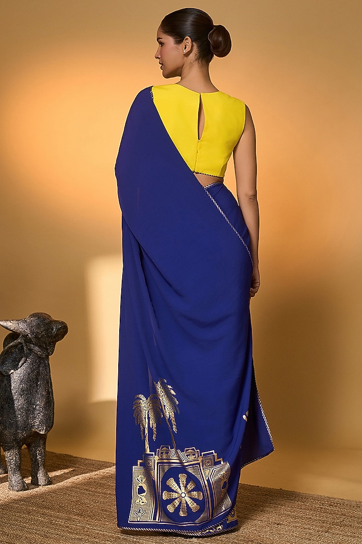 Electric Blue Crepe Silk Foil Printed Party Wear Saree Set by Masaba at Pernia's Pop Up Shop