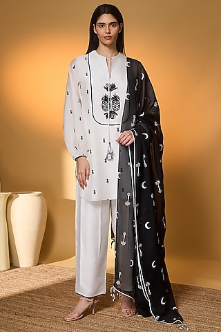 Ivory Raw Silk Embellished & Khadi Printed Kurta Set by Masaba