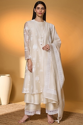 Ivory Chanderi Screen Printed Jacket Set by Masaba