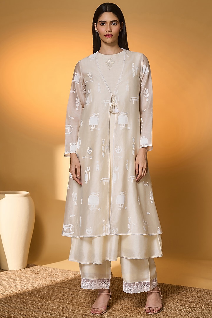 Ivory Chanderi Screen Printed Jacket Set by Masaba at Pernia's Pop Up Shop