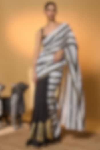 Mocha Raw Silk Striped & Foil Printed Party Wear Saree Set by Masaba at Pernia's Pop Up Shop