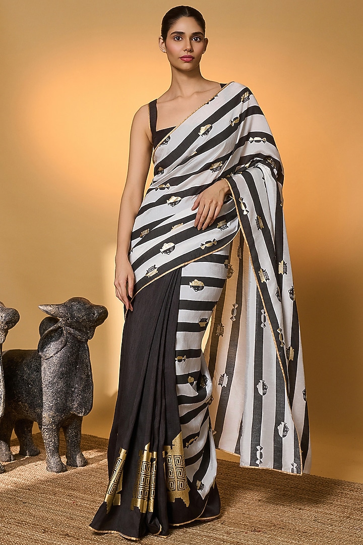 Mocha Raw Silk Striped & Foil Printed Party Wear Saree Set by Masaba at Pernia's Pop Up Shop