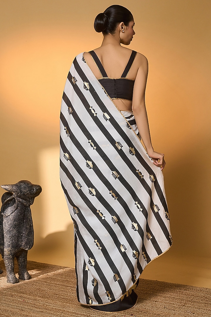 Mocha Raw Silk Striped & Foil Printed Party Wear Saree Set by Masaba at Pernia's Pop Up Shop