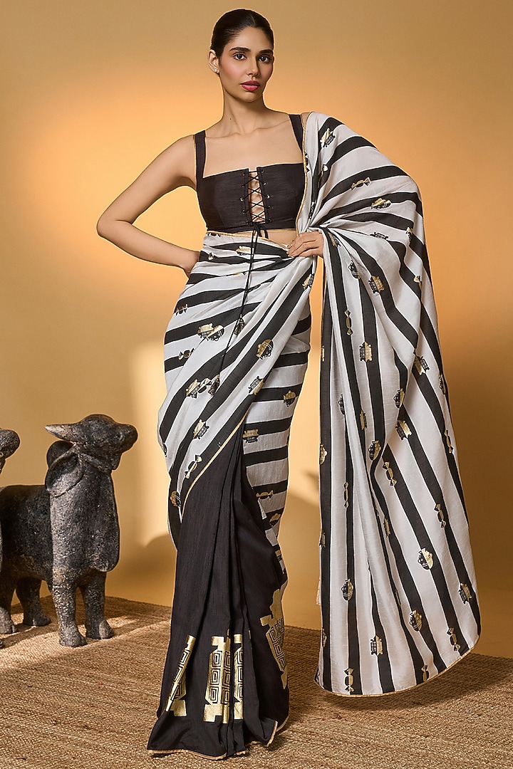 Mocha Raw Silk Striped & Foil Printed Party Wear Saree Set by Masaba at Pernia's Pop Up Shop