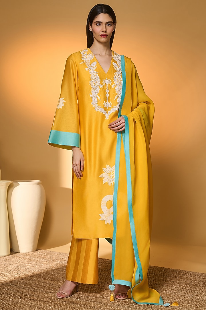 Yellow Chanderi Embroidered Kurta Set by Masaba at Pernia's Pop Up Shop