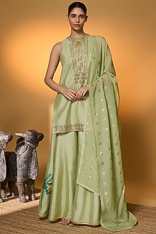 Mint Raw Silk Embroidered Kurta Set by Masaba