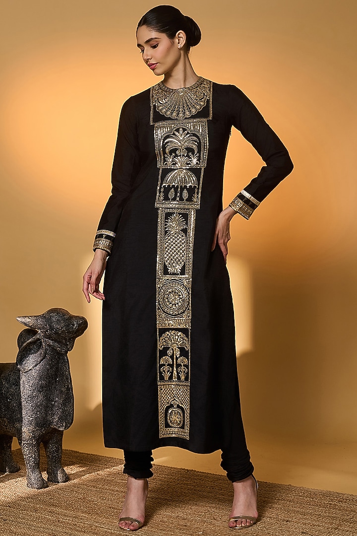 Black Raw Silk Embroidered Kurta Set by Masaba at Pernia's Pop Up Shop