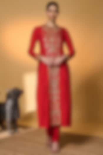 Red Raw Silk Embroidered & Tropical Printed Kurta Set by Masaba at Pernia's Pop Up Shop