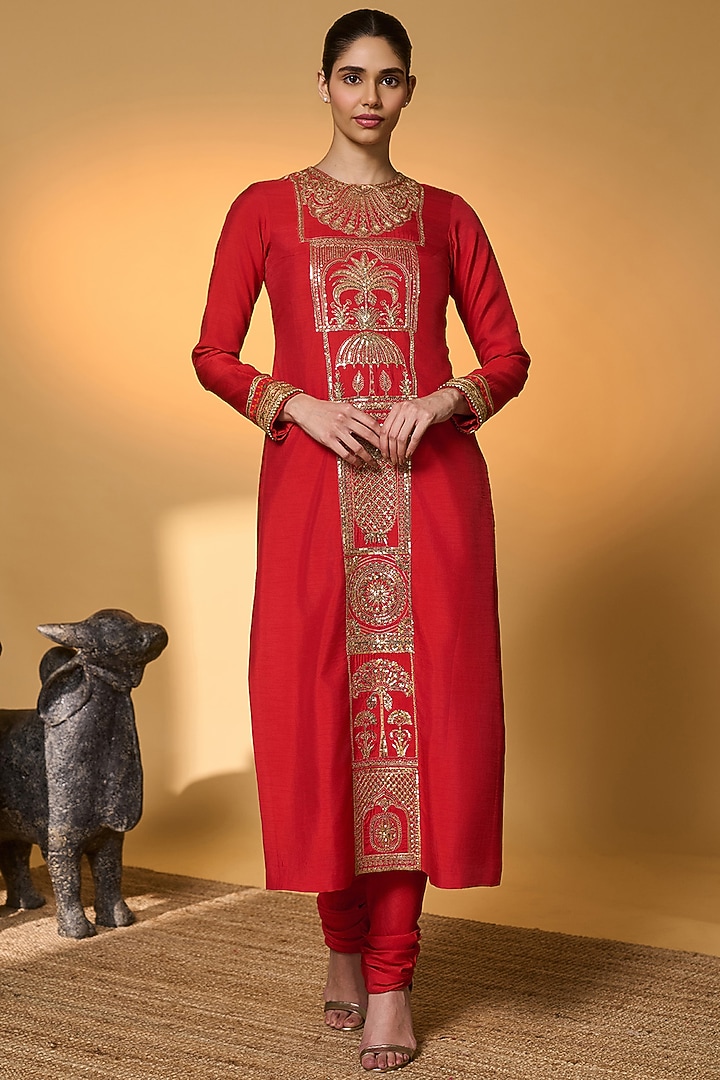 Red Raw Silk Embroidered & Tropical Printed Kurta Set by Masaba at Pernia's Pop Up Shop