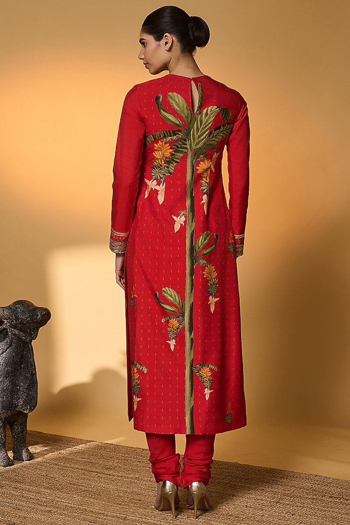 Red Raw Silk Embroidered & Tropical Printed Kurta Set by Masaba at Pernia's Pop Up Shop