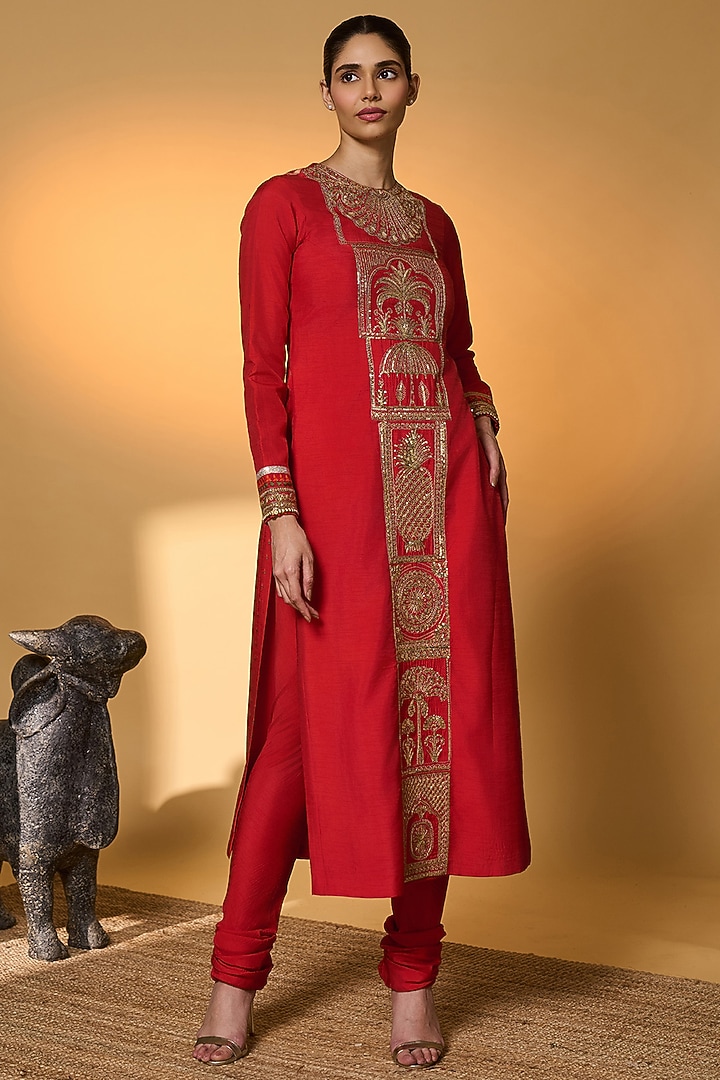 Red Raw Silk Embroidered & Tropical Printed Kurta Set by Masaba at Pernia's Pop Up Shop