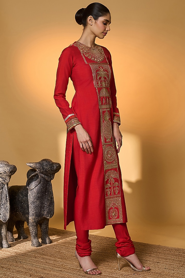 Red Raw Silk Embroidered & Tropical Printed Kurta Set by Masaba at Pernia's Pop Up Shop