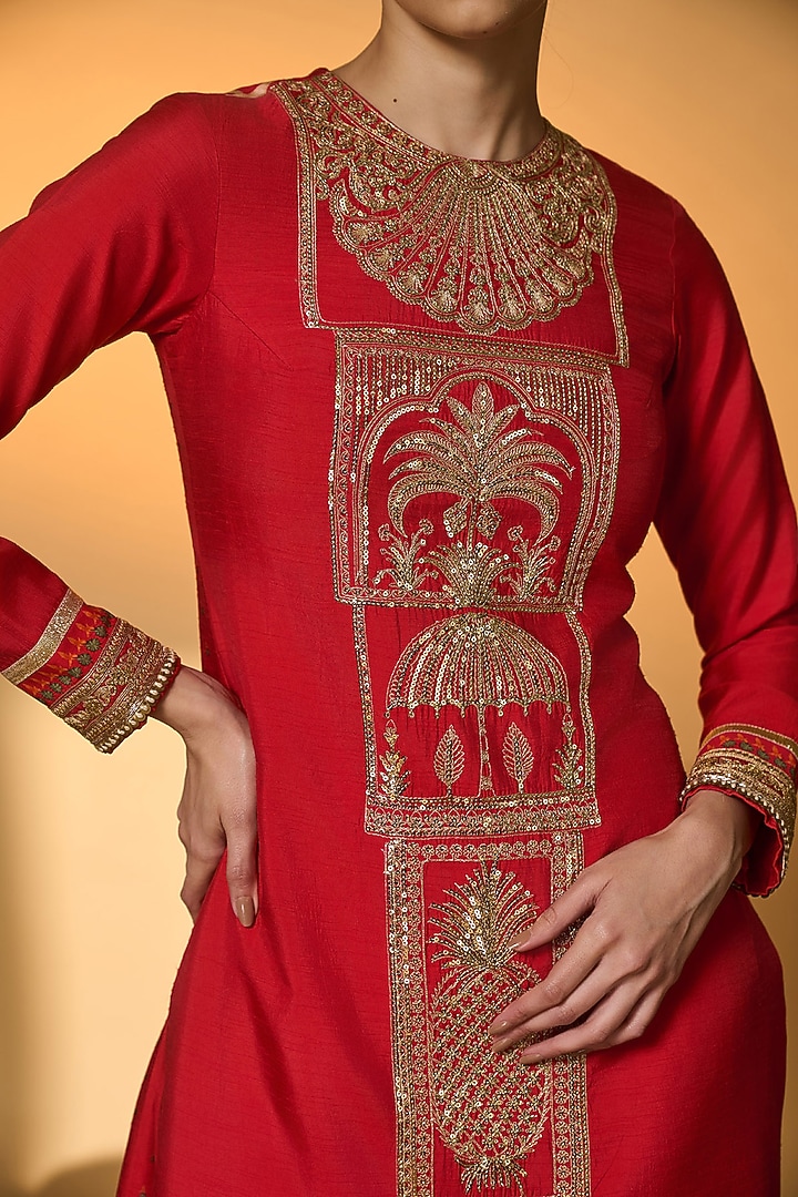 Red Raw Silk Embroidered & Tropical Printed Kurta Set by Masaba at Pernia's Pop Up Shop
