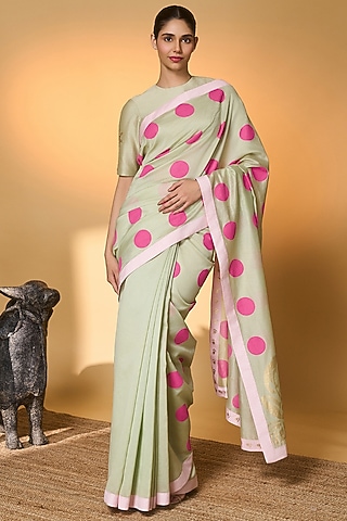 Mint Chanderi Polka Dot & Foil Printed Saree Set by Masaba