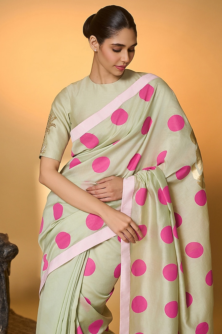 Mint Chanderi Polka Dot & Foil Printed Wedding Saree Set by Masaba at Pernia's Pop Up Shop