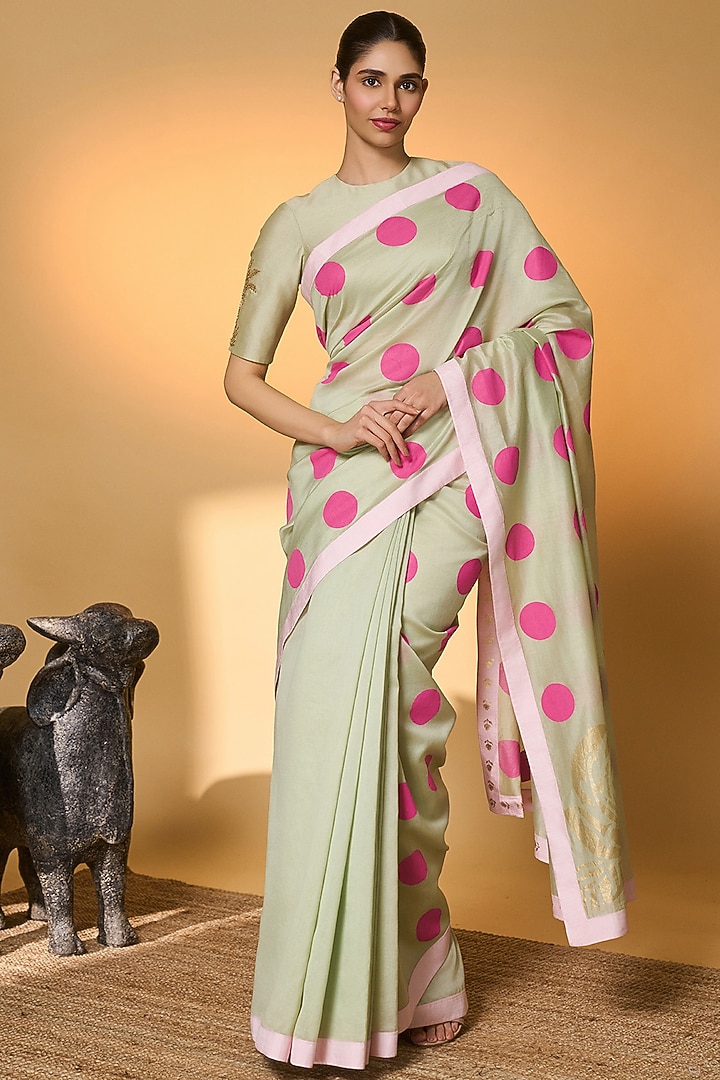 Mint Chanderi Polka Dot & Foil Printed Wedding Saree Set by Masaba at Pernia's Pop Up Shop