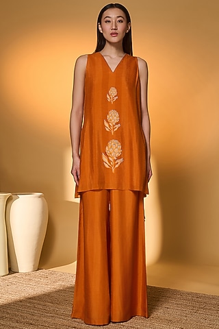 Orange Raw Silk Embellished Kurta Set by Masaba