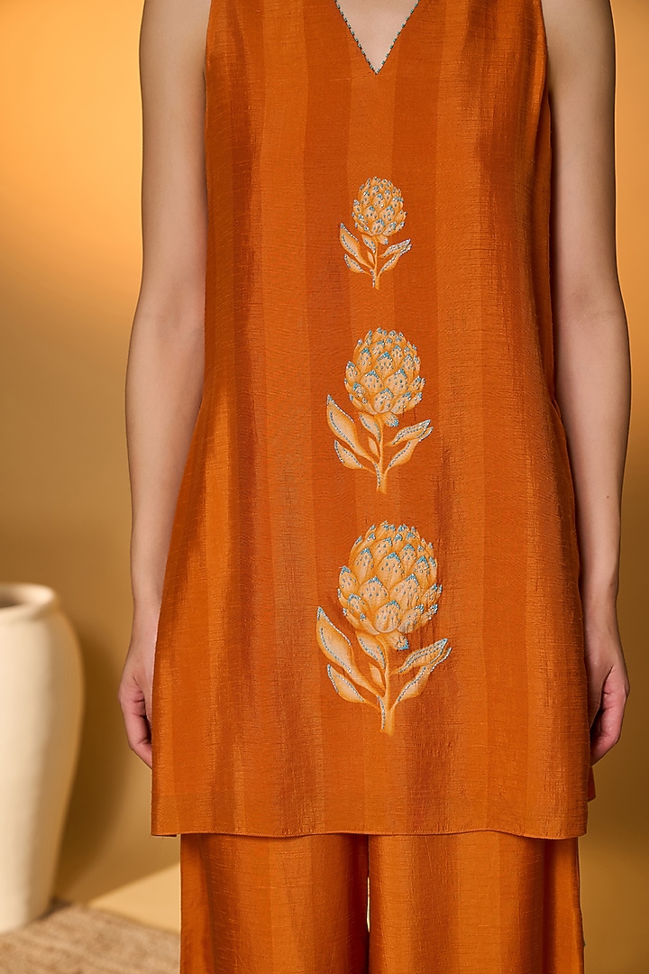 Orange Raw Silk Embellished Kurta Set by Masaba at Pernia's Pop Up Shop