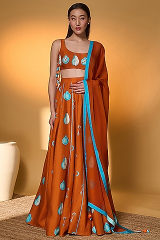 Orange & Teal Raw Silk Printed Lehenga Set by Masaba