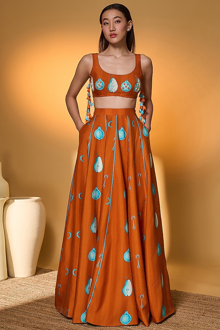 Orange & Teal Raw Silk Printed Wedding Lehenga Set by Masaba at Pernia's Pop Up Shop