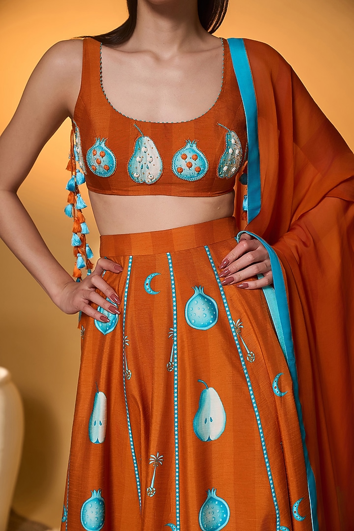Orange & Teal Raw Silk Printed Wedding Lehenga Set by Masaba at Pernia's Pop Up Shop