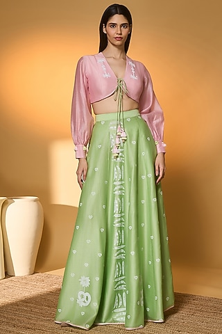 Pista Green Chanderi Khadi Printed Lehenga Set by Masaba