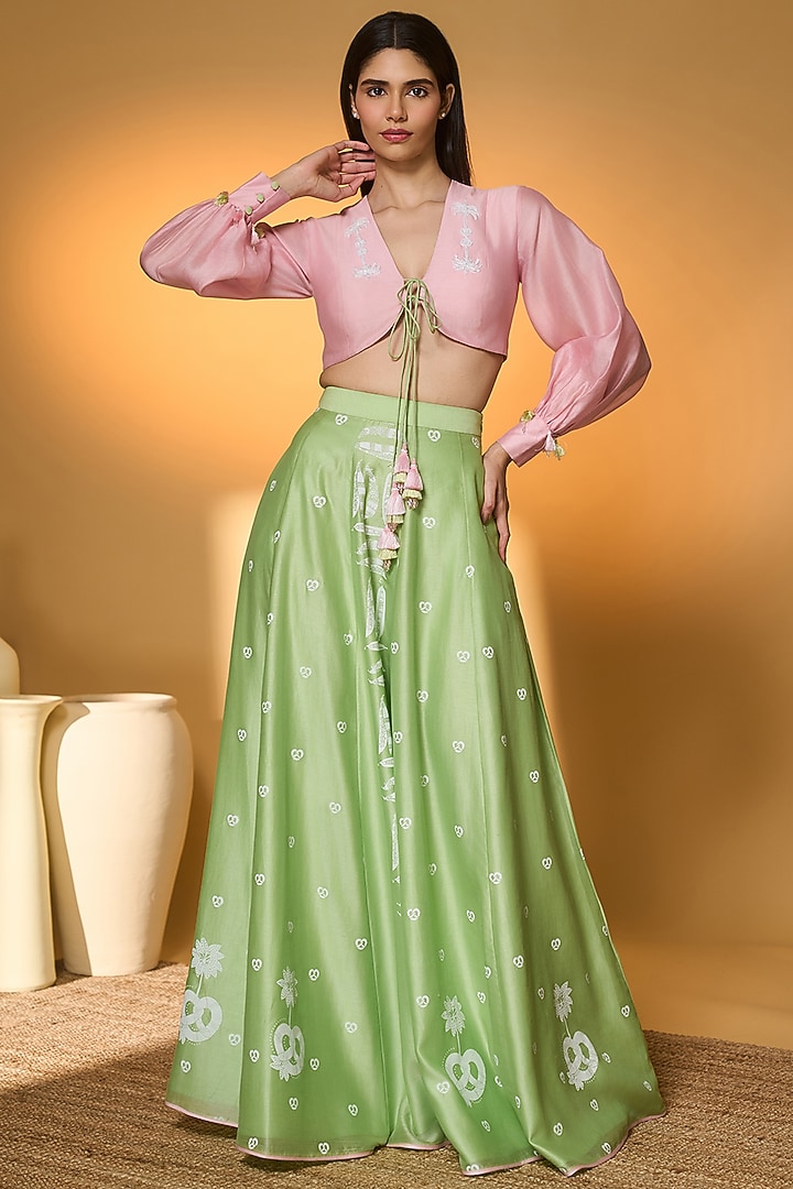 Pista Green Chanderi Khadi Printed Wedding Lehenga Set by Masaba at Pernia's Pop Up Shop