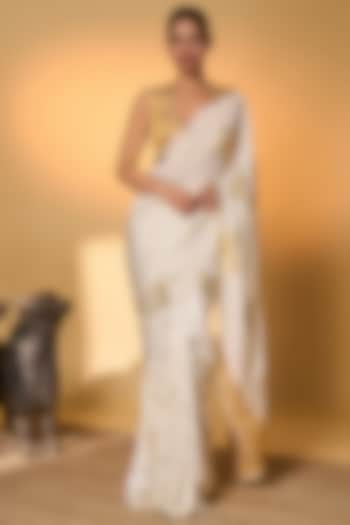 Ivory Pure Silk Foil Printed Motif Wedding Saree Set by Masaba at Pernia's Pop Up Shop