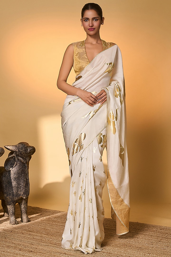Ivory Pure Silk Foil Printed Motif Wedding Saree Set by Masaba at Pernia's Pop Up Shop
