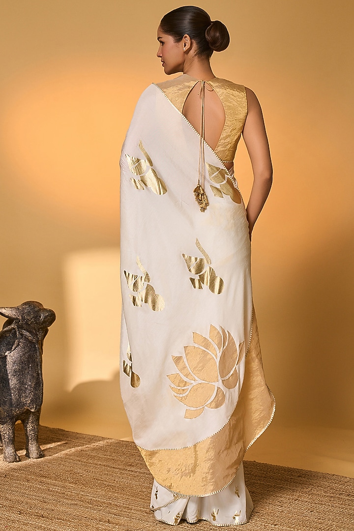 Ivory Pure Silk Foil Printed Motif Wedding Saree Set by Masaba at Pernia's Pop Up Shop