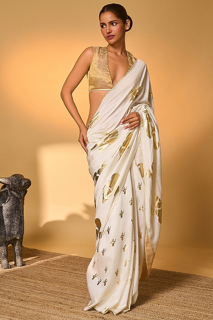 Ivory Pure Silk Foil Printed Motif Wedding Saree Set by Masaba at Pernia's Pop Up Shop