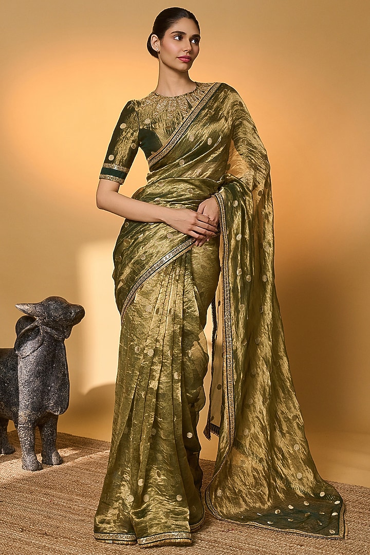 Green Tissue Embroidered Wedding Saree Set by Masaba at Pernia's Pop Up Shop