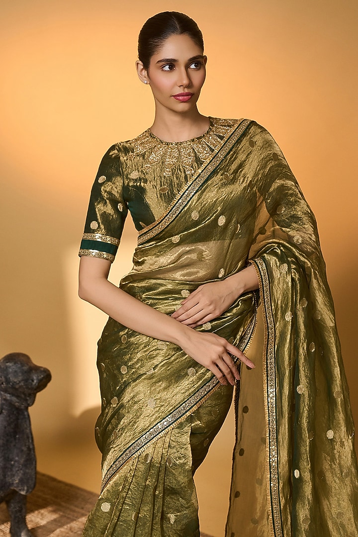 Green Tissue Embroidered Wedding Saree Set by Masaba at Pernia's Pop Up Shop