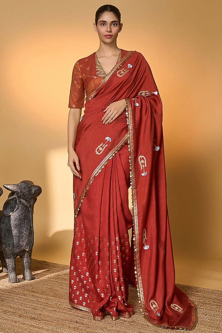Rust Raw Silk Motifs Embroidered Wedding Saree Set by Masaba at Pernia's Pop Up Shop