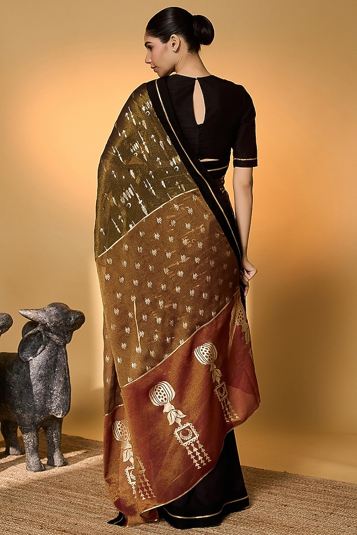 Black Tissue & Raw Silk Embroidered Wedding Saree Set by Masaba at Pernia's Pop Up Shop