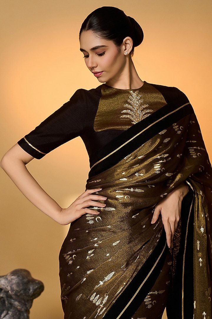 Black Tissue & Raw Silk Embroidered Wedding Saree Set by Masaba at Pernia's Pop Up Shop