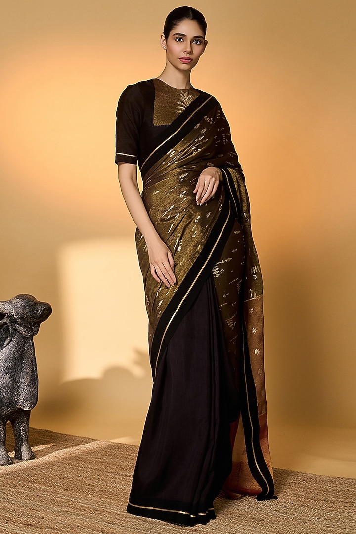 Black Tissue & Raw Silk Embroidered Wedding Saree Set by Masaba at Pernia's Pop Up Shop