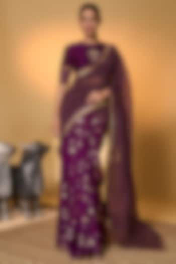 Purple Raw Silk & Zari Striped Tissue Foil Printed Wedding Saree Set by Masaba at Pernia's Pop Up Shop