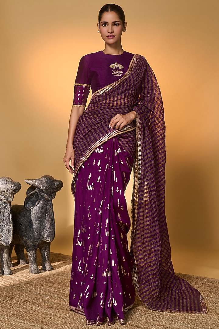 Purple Raw Silk & Zari Striped Tissue Foil Printed Wedding Saree Set by Masaba at Pernia's Pop Up Shop