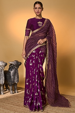 Purple Raw Silk & Zari Striped Tissue Foil Printed Saree Set by Masaba