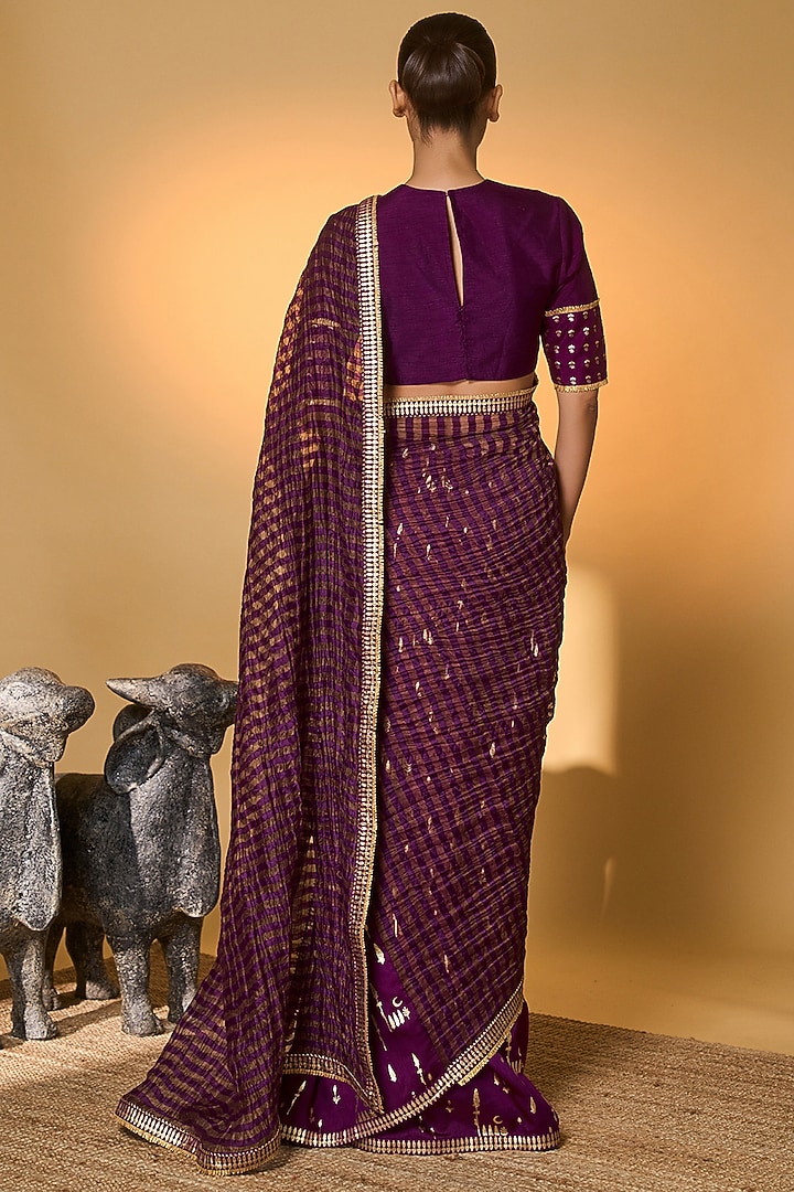 Purple Raw Silk & Zari Striped Tissue Foil Printed Wedding Saree Set by Masaba at Pernia's Pop Up Shop