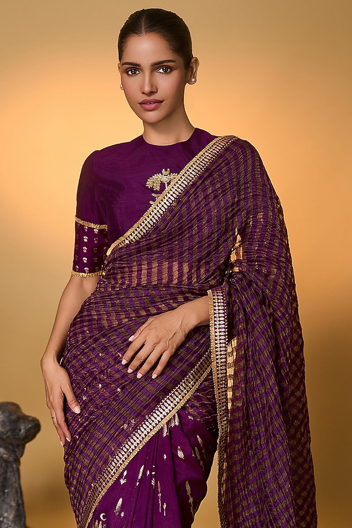 Purple Raw Silk & Zari Striped Tissue Foil Printed Wedding Saree Set by Masaba at Pernia's Pop Up Shop