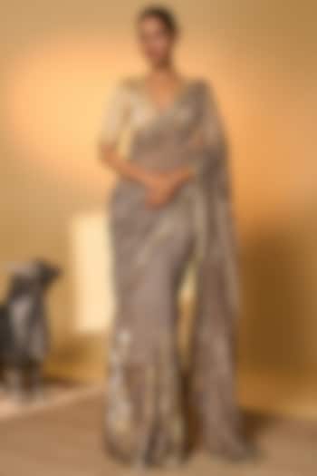 Grey Raw Silk & Zari Striped Tissue Foil Printed Wedding Saree Set by Masaba at Pernia's Pop Up Shop