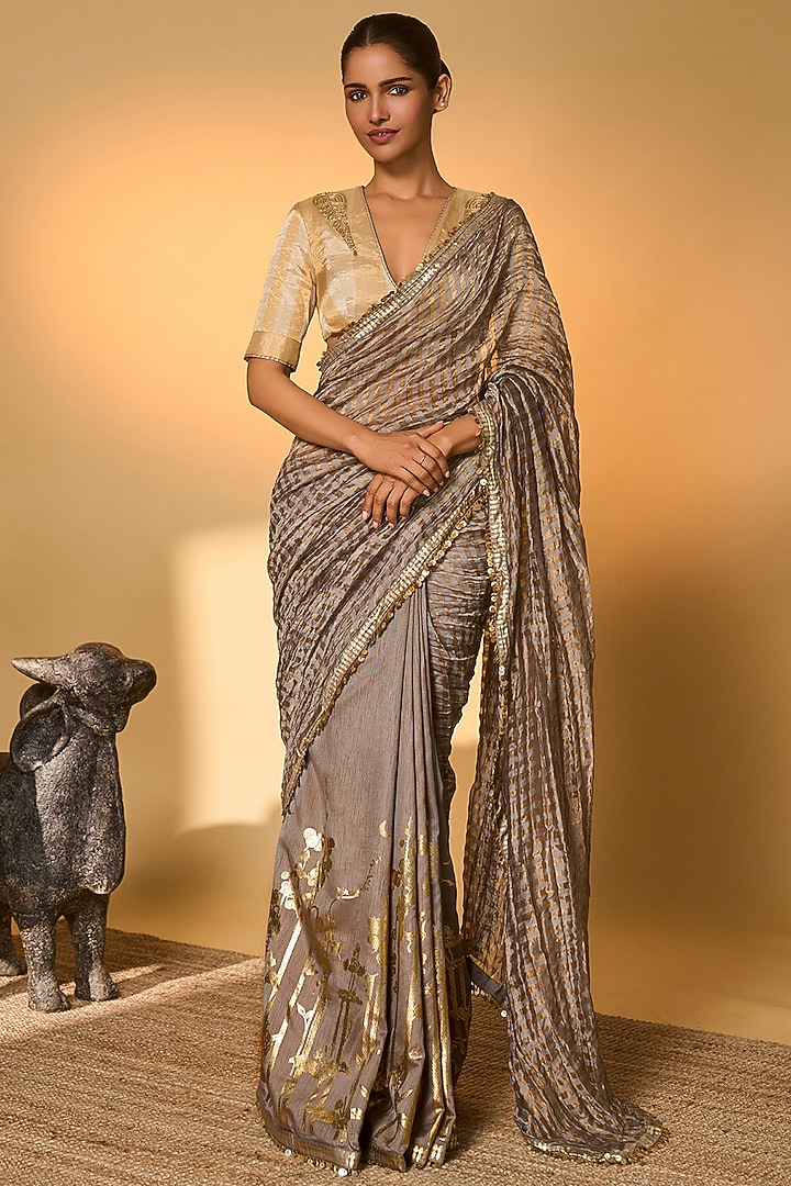 Grey Raw Silk & Zari Striped Tissue Foil Printed Wedding Saree Set by Masaba at Pernia's Pop Up Shop