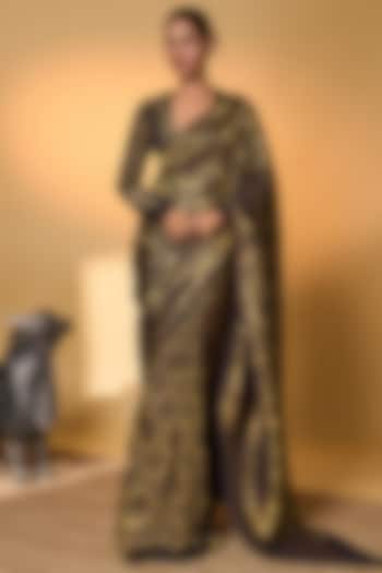 Black Banarasi Silk Tropical Motif Reception Saree Set by Masaba at Pernia's Pop Up Shop