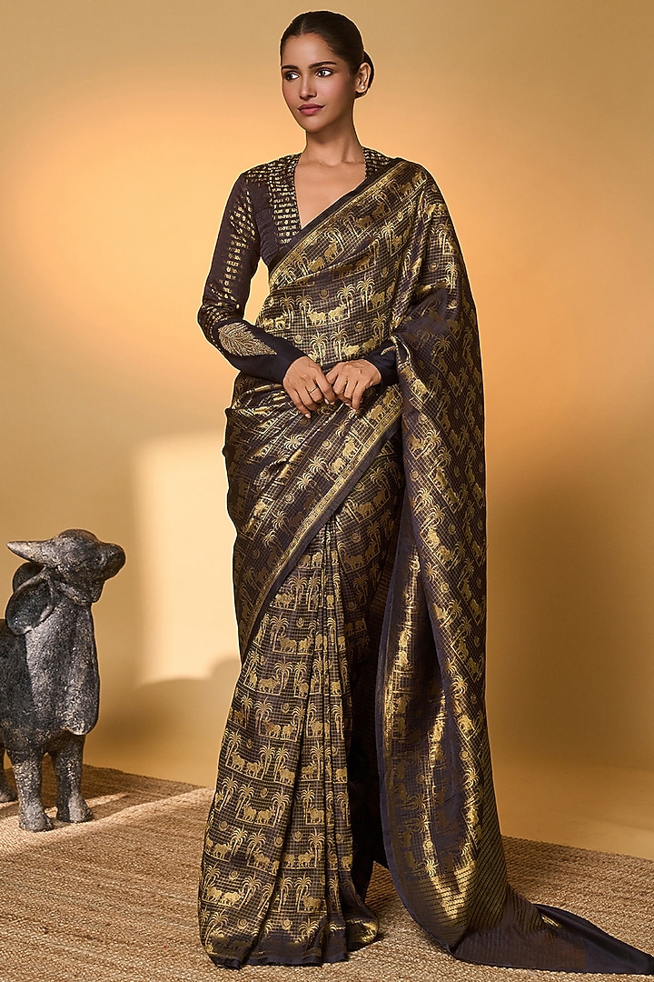 Black Banarasi Silk Tropical Motif Reception Saree Set by Masaba at Pernia's Pop Up Shop