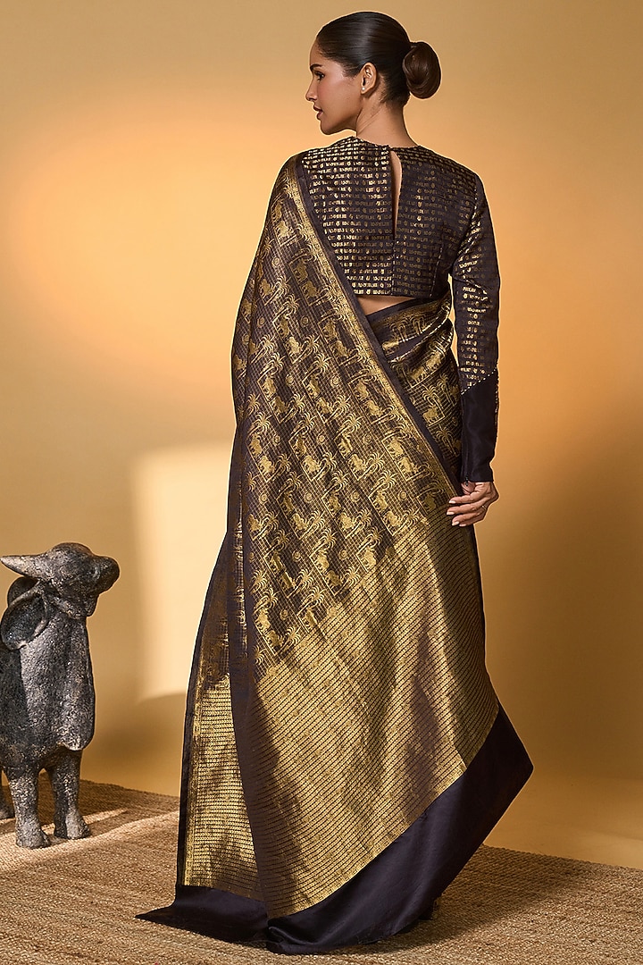Black Banarasi Silk Tropical Motif Reception Saree Set by Masaba at Pernia's Pop Up Shop